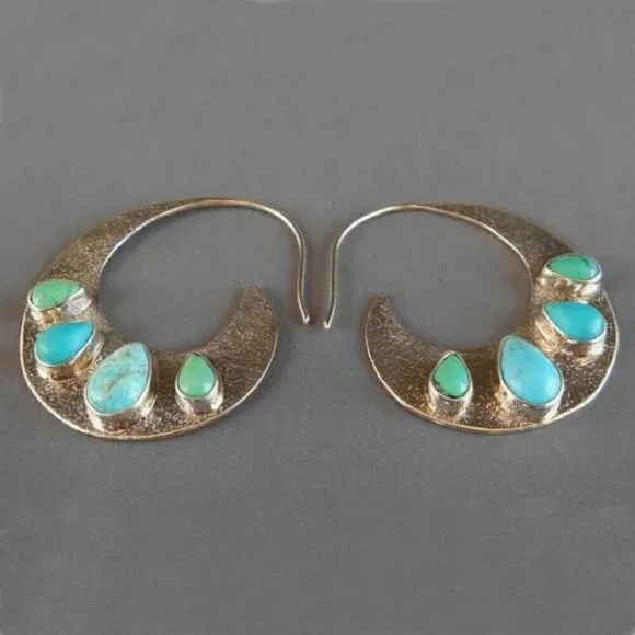 Medium Silver Tone Feather Spiral Earrings in Turquoise Blue #1320 - Picture 6 of 12